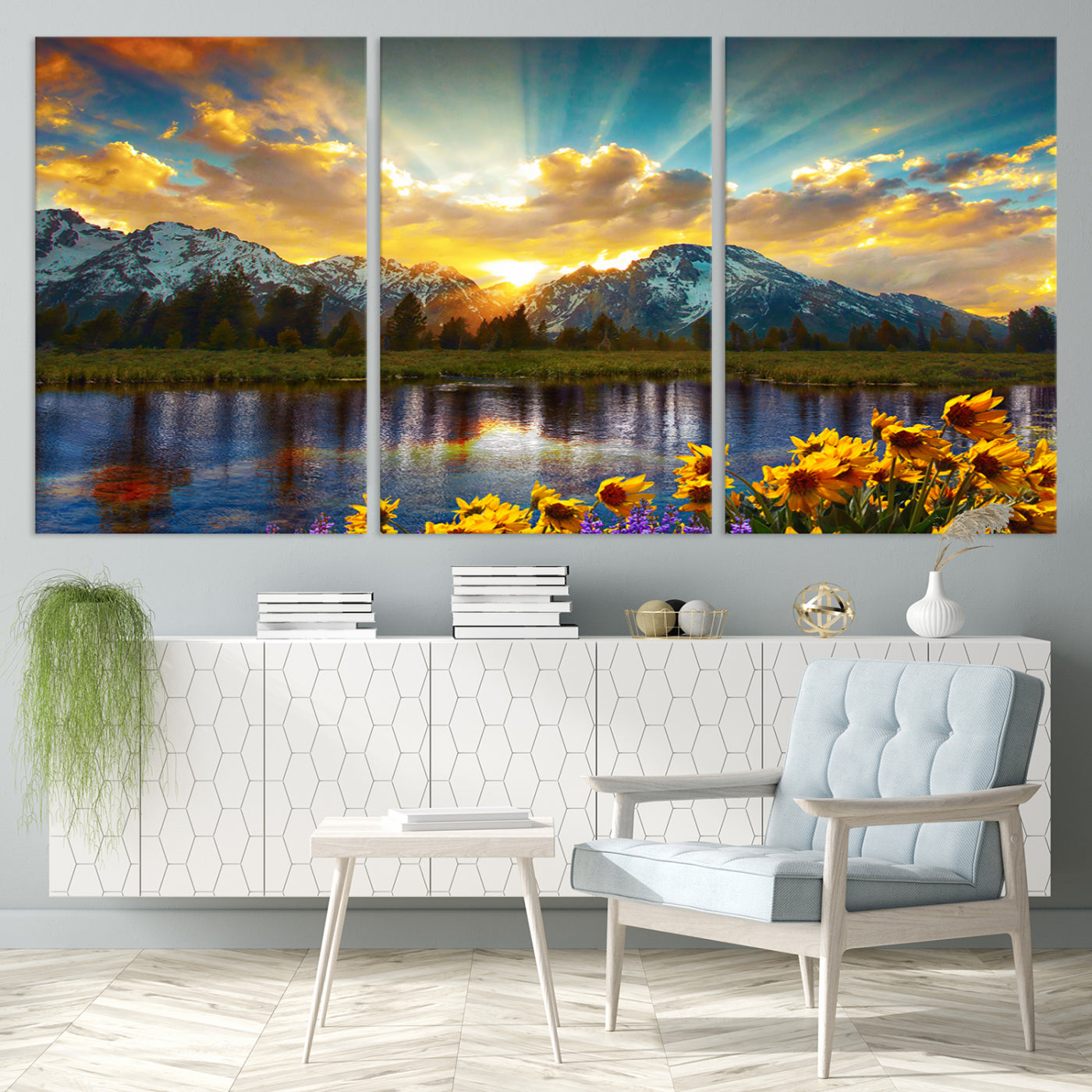 42292-MGV-CV-36X24-Grand Teton Park Amazing Mountain Landscape Sunset Wall Art Canvas Print