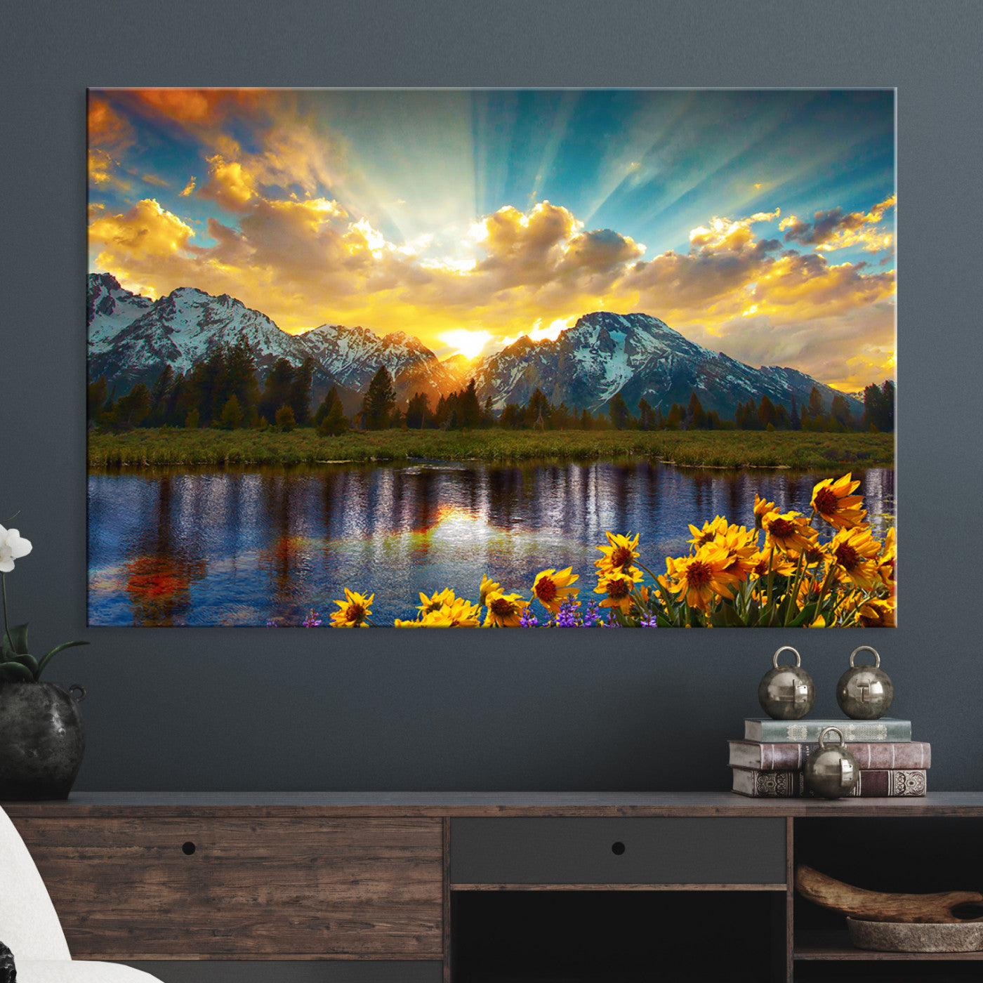 Grand Teton Park Amazing Mountain Landscape Sunset Wall Art Canvas Print
