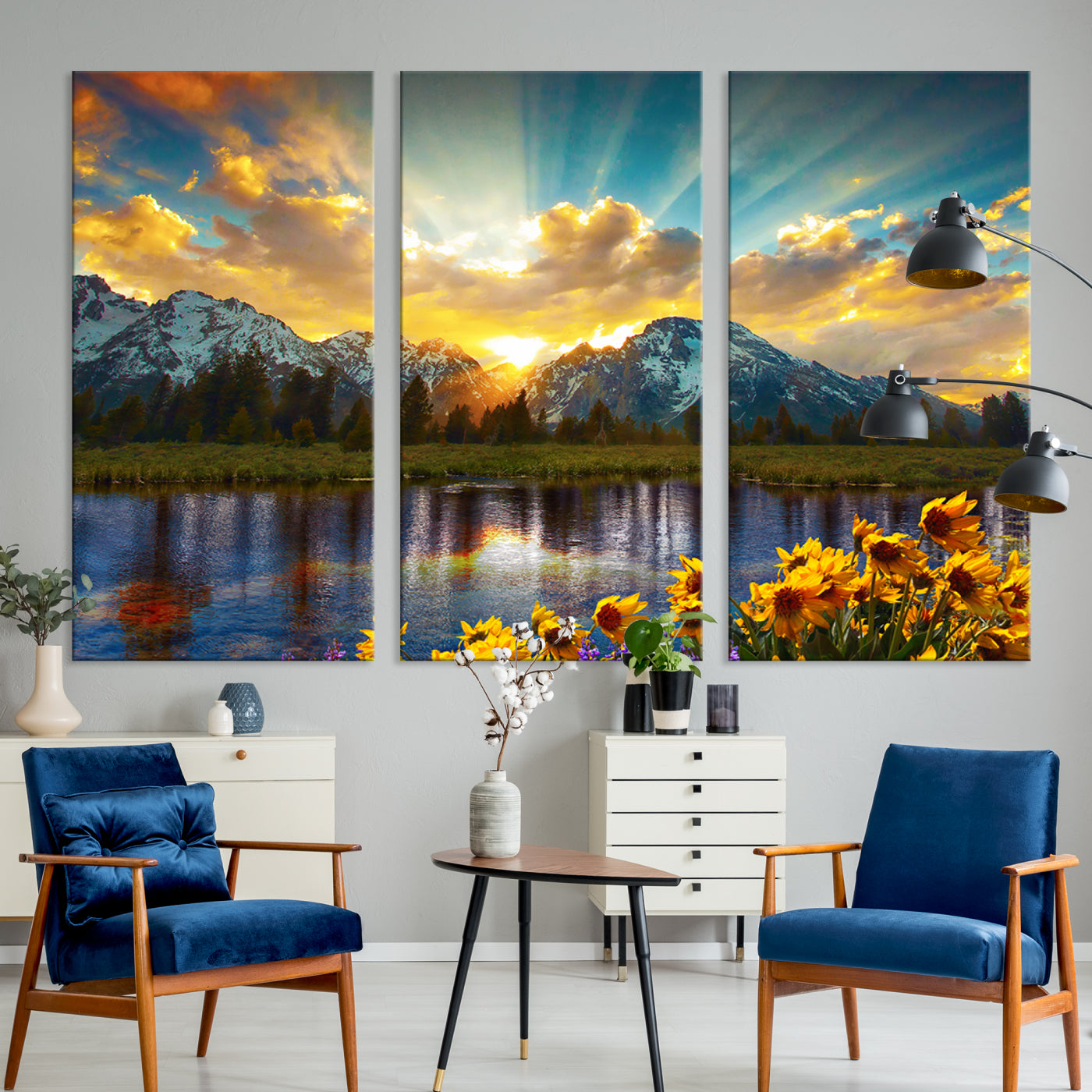 42292-MGV-CV-48X32-3P-Grand Teton Park Amazing Mountain Landscape Sunset Wall Art Canvas Print