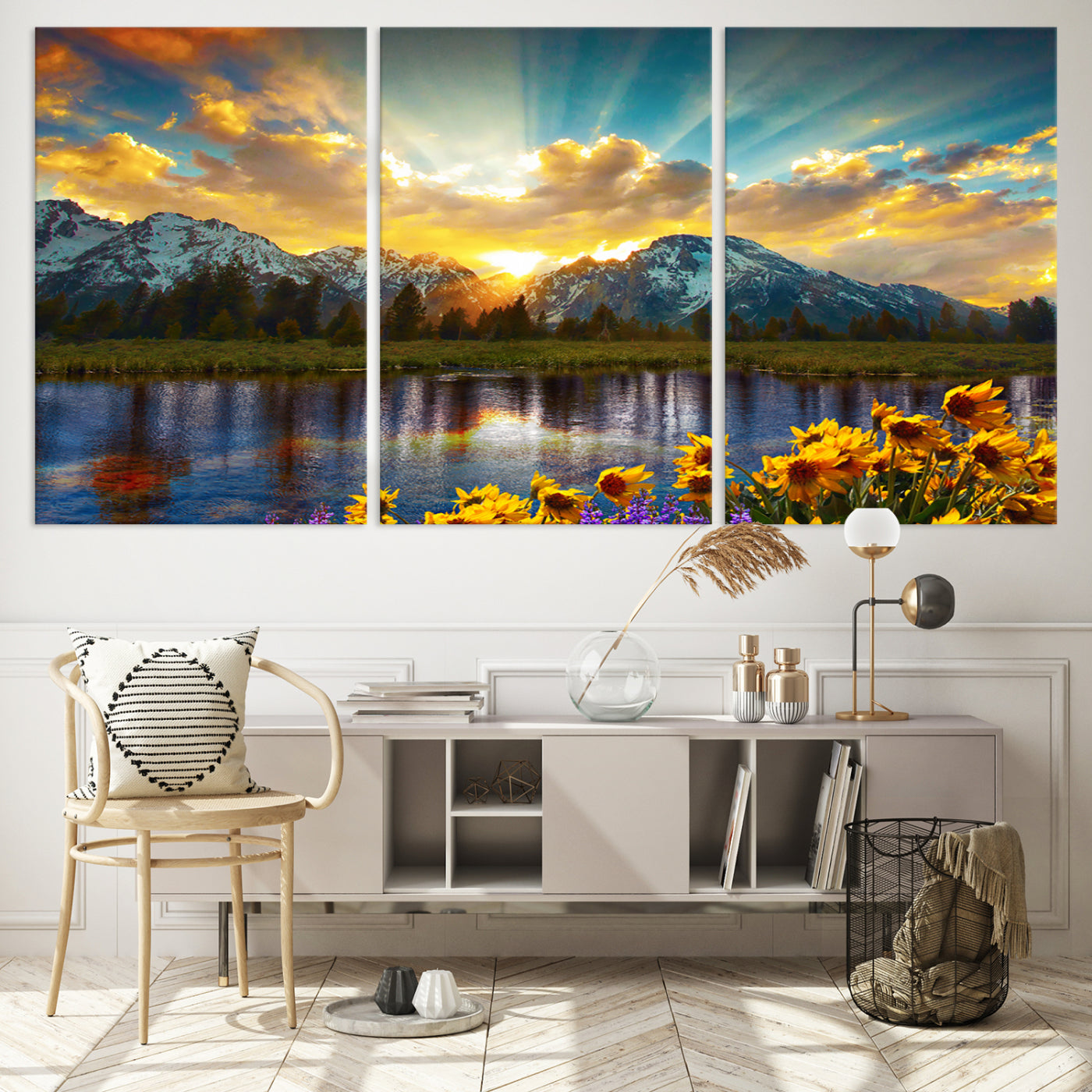 42292-MGV-CV-60X30-3P-Grand Teton Park Amazing Mountain Landscape Sunset Wall Art Canvas Print