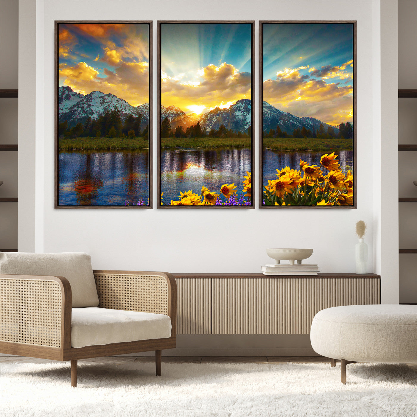 42292-MGV-FC-48X32-3P_Walnut-Grand Teton Park Amazing Mountain Landscape Sunset Wall Art Canvas Print