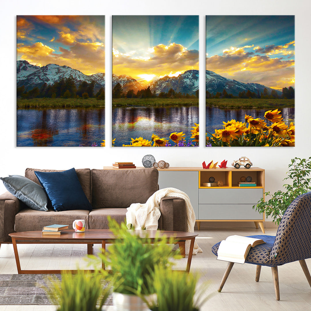 Grand Teton Park Amazing Mountain Landscape Sunset Wall Art Canvas Print