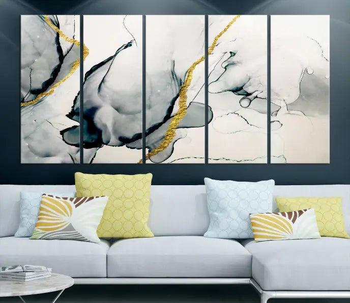 Gray Marble Fluid Effect Wall Art Abstract Canvas Wall Art Print features intricate gray and gold lines on museum-quality canvas. This ready-to-hang artwork includes a UV-protective coating to maintain its vibrant appearance.