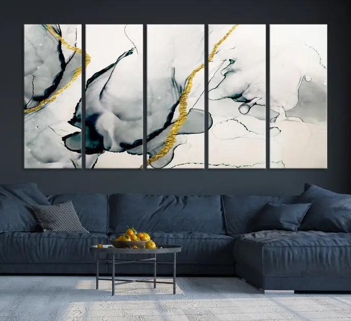 Gray Marble Fluid Effect Wall Art Abstract Canvas Wall Art Print features intricate gray and gold lines on museum-quality canvas. This ready-to-hang artwork includes a UV-protective coating to maintain its vibrant appearance.