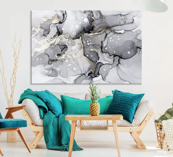 A modern living room features the Gray Marble Fluid Effect Wall Art Abstract Canvas Wall Art Print above the black wall, providing a timeless touch.