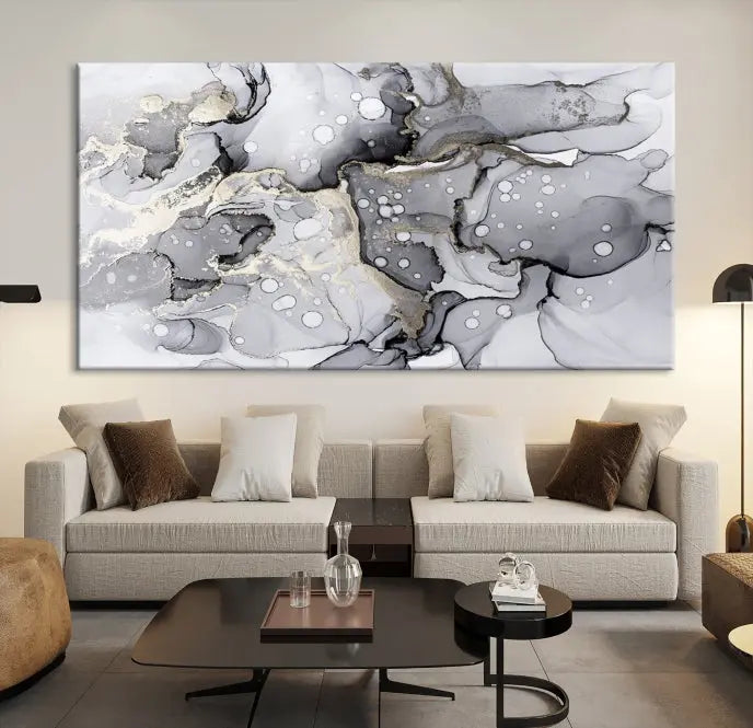 A modern living room features the Gray Marble Fluid Effect Wall Art Abstract Canvas Wall Art Print above the black wall, providing a timeless touch.