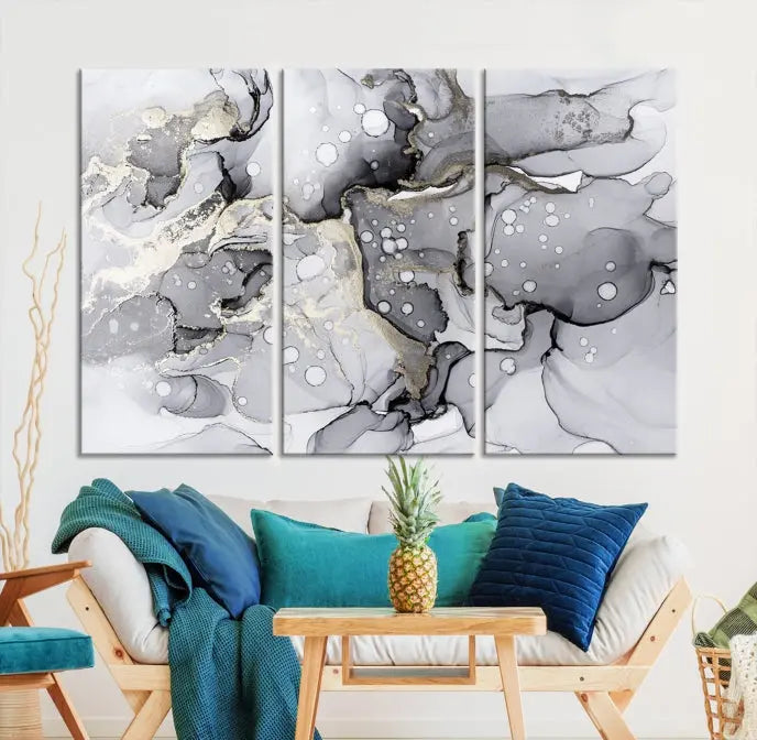 A modern living room features the Gray Marble Fluid Effect Wall Art Abstract Canvas Wall Art Print above the black wall, providing a timeless touch.