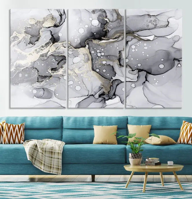 A modern living room features the Gray Marble Fluid Effect Wall Art Abstract Canvas Wall Art Print above the black wall, providing a timeless touch.