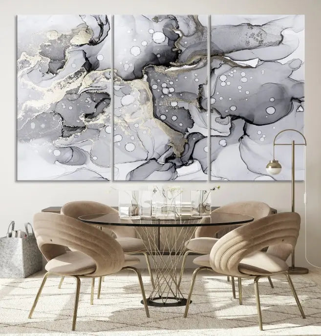 A modern living room features the Gray Marble Fluid Effect Wall Art Abstract Canvas Wall Art Print above the black wall, providing a timeless touch.