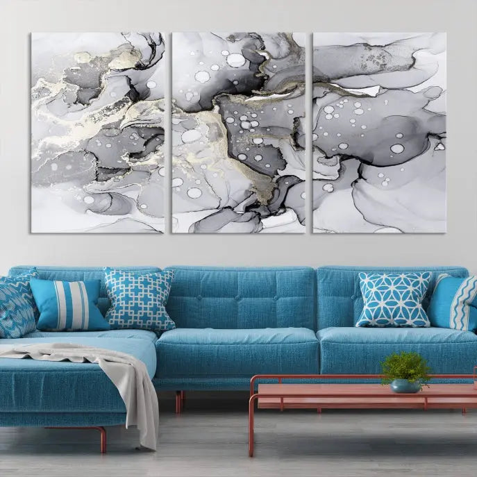 A modern living room features the Gray Marble Fluid Effect Wall Art Abstract Canvas Wall Art Print above the black wall, providing a timeless touch.