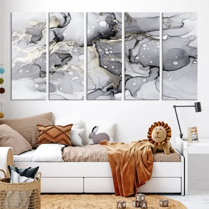 A modern living room features the Gray Marble Fluid Effect Wall Art Abstract Canvas Wall Art Print above the black wall, providing a timeless touch.