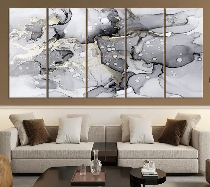 A modern living room features the Gray Marble Fluid Effect Wall Art Abstract Canvas Wall Art Print above the black wall, providing a timeless touch.