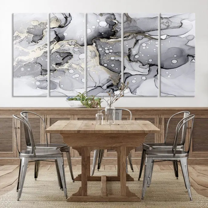 A modern living room features the Gray Marble Fluid Effect Wall Art Abstract Canvas Wall Art Print above the black wall, providing a timeless touch.