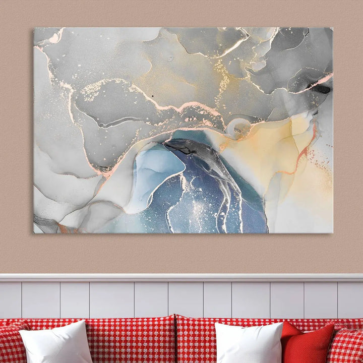 The Gray Marble Fluid Effect Wall Art Abstract Canvas Wall Art Print features elegant gold, blue, and gray hues. Crafted on museum-quality canvas, it includes a UV-protective coating for enduring vibrance. Enjoy the added benefit of free shipping.