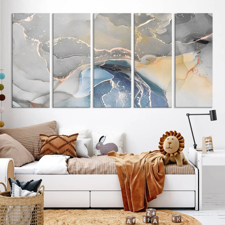 The Gray Marble Fluid Effect Wall Art Abstract Canvas Wall Art Print features elegant gold, blue, and gray hues. Crafted on museum-quality canvas, it includes a UV-protective coating for enduring vibrance. Enjoy the added benefit of free shipping.