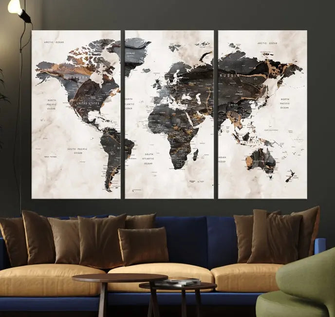 A three-panel Gray Push Pin World Map Watercolor Wall Art Canvas Print hangs elegantly in the room. Professionally hand-assembled and framed on museum-quality polycotton canvas, this artwork features a UV-protective coating that ensures lasting vibrancy.