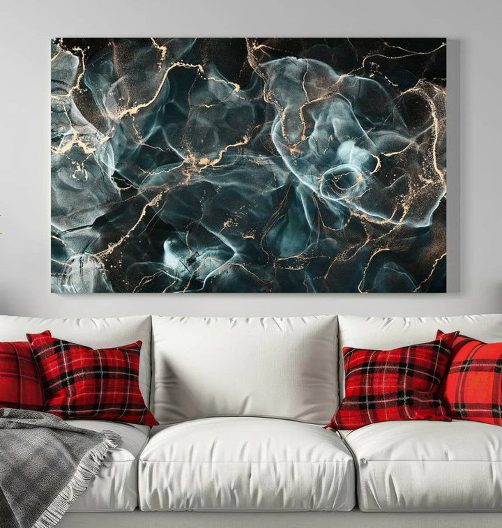 The Gray and Gold Marble Smoke Effect Wall Art Abstract Canvas graces the wall, offering a museum-quality piece with a UV-protective coating. This artwork is available with free shipping, ready to transform your space into an instant masterpiece.