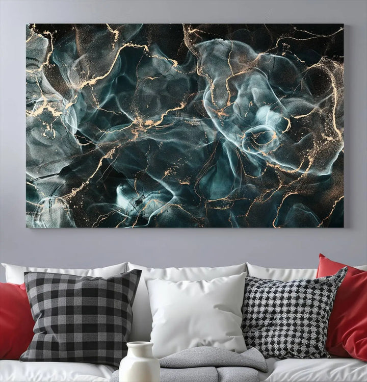 The Gray and Gold Marble Smoke Effect Wall Art Abstract Canvas graces the wall, offering a museum-quality piece with a UV-protective coating. This artwork is available with free shipping, ready to transform your space into an instant masterpiece.