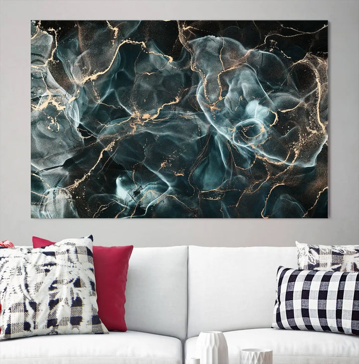 The Gray and Gold Marble Smoke Effect Wall Art Abstract Canvas graces the wall, offering a museum-quality piece with a UV-protective coating. This artwork is available with free shipping, ready to transform your space into an instant masterpiece.