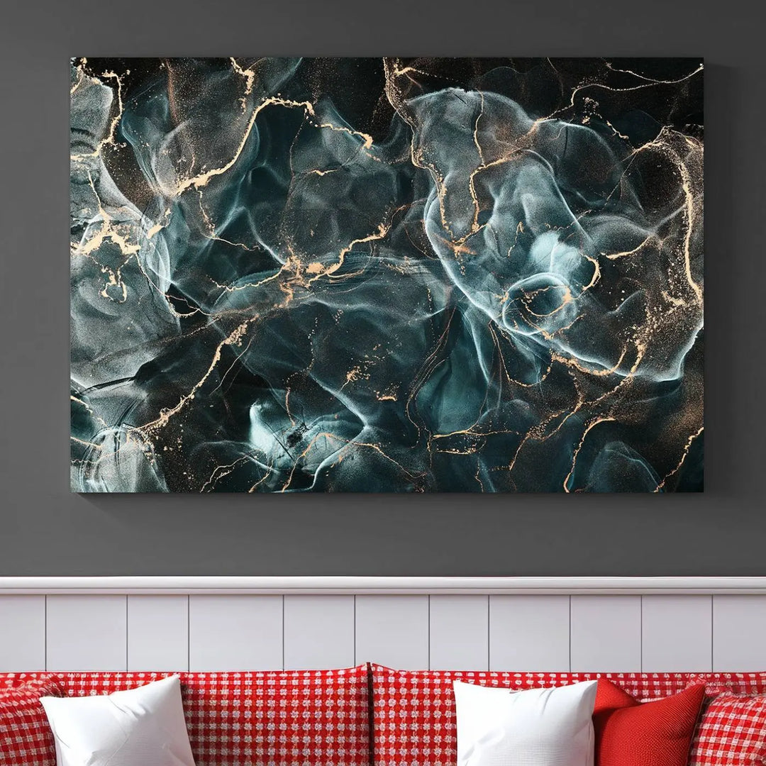 The Gray and Gold Marble Smoke Effect Wall Art Abstract Canvas graces the wall, offering a museum-quality piece with a UV-protective coating. This artwork is available with free shipping, ready to transform your space into an instant masterpiece.