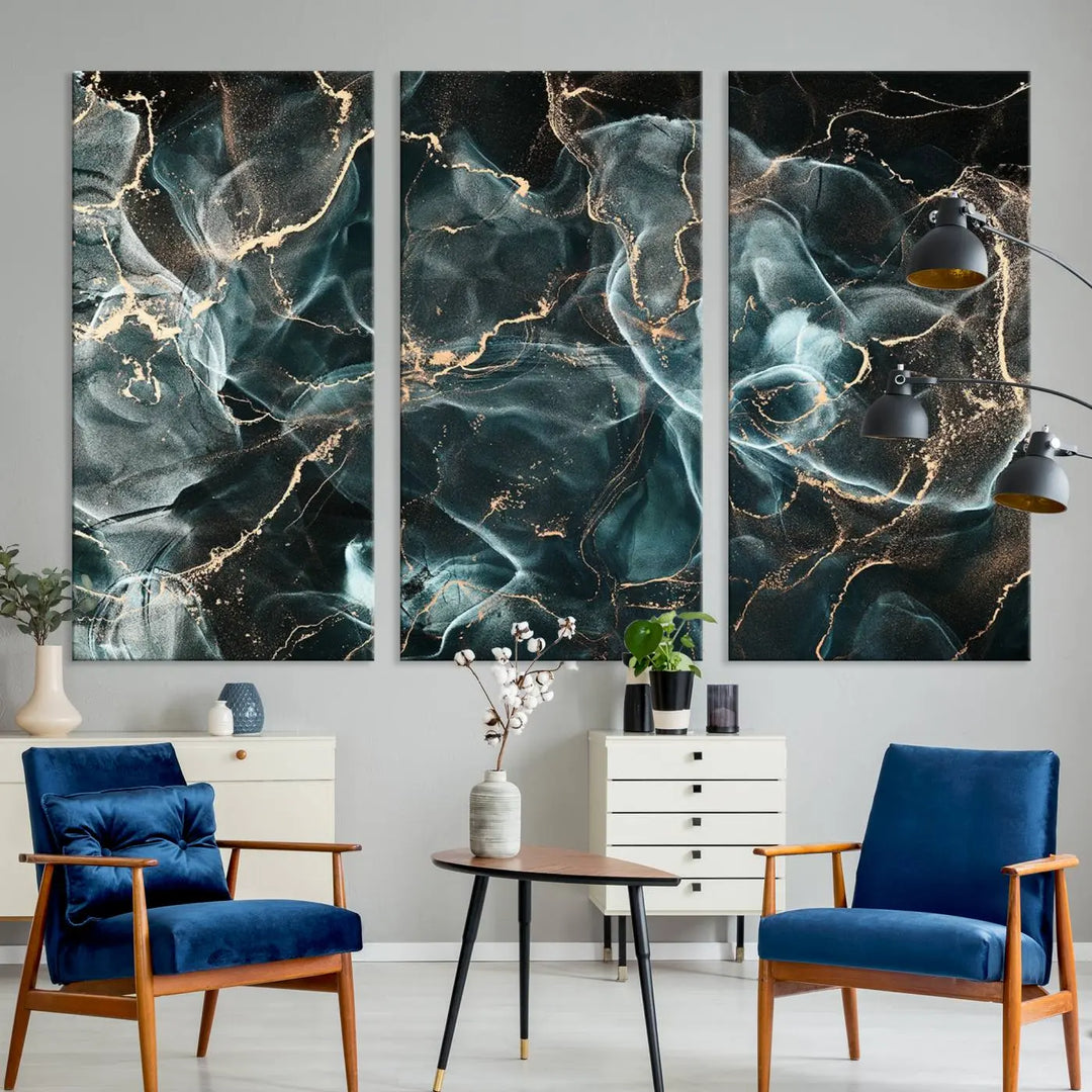 The Gray and Gold Marble Smoke Effect Wall Art Abstract Canvas graces the wall, offering a museum-quality piece with a UV-protective coating. This artwork is available with free shipping, ready to transform your space into an instant masterpiece.