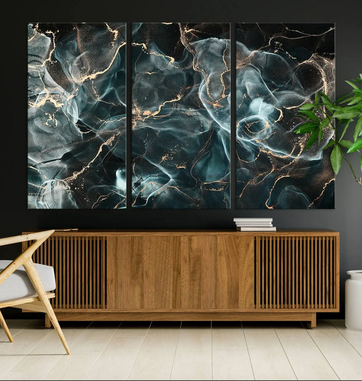 The Gray and Gold Marble Smoke Effect Wall Art Abstract Canvas graces the wall, offering a museum-quality piece with a UV-protective coating. This artwork is available with free shipping, ready to transform your space into an instant masterpiece.