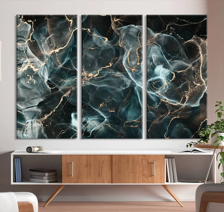 The Gray and Gold Marble Smoke Effect Wall Art Abstract Canvas graces the wall, offering a museum-quality piece with a UV-protective coating. This artwork is available with free shipping, ready to transform your space into an instant masterpiece.