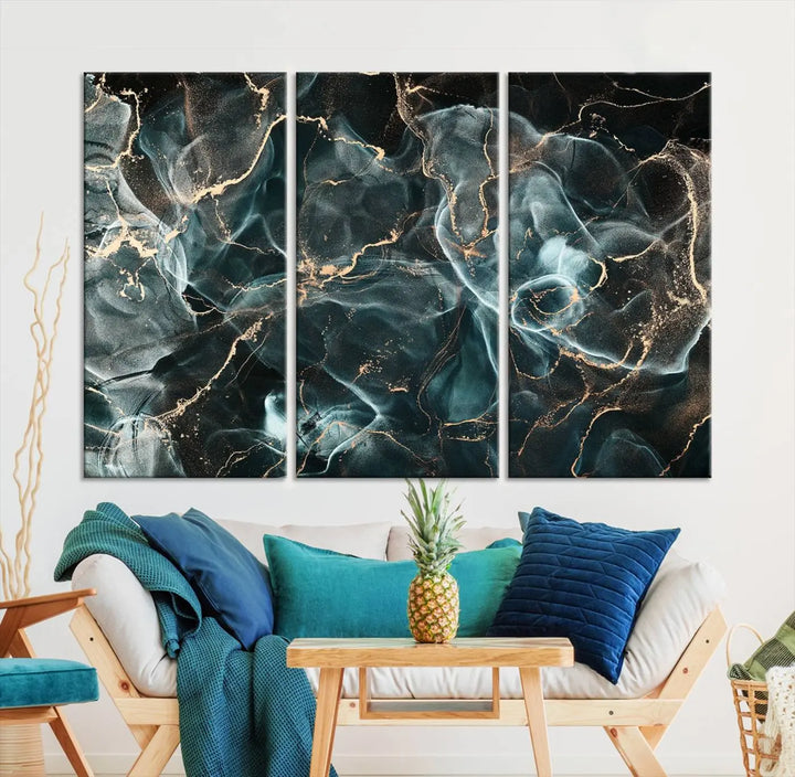 The Gray and Gold Marble Smoke Effect Wall Art Abstract Canvas graces the wall, offering a museum-quality piece with a UV-protective coating. This artwork is available with free shipping, ready to transform your space into an instant masterpiece.