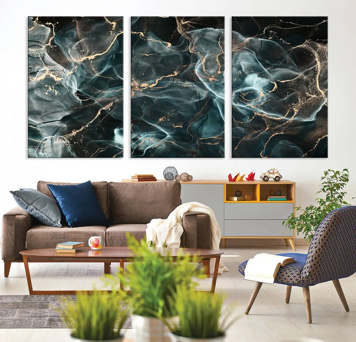 The Gray and Gold Marble Smoke Effect Wall Art Abstract Canvas graces the wall, offering a museum-quality piece with a UV-protective coating. This artwork is available with free shipping, ready to transform your space into an instant masterpiece.