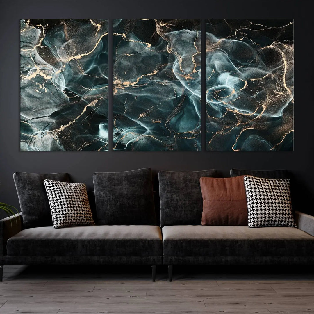 The Gray and Gold Marble Smoke Effect Wall Art Abstract Canvas graces the wall, offering a museum-quality piece with a UV-protective coating. This artwork is available with free shipping, ready to transform your space into an instant masterpiece.