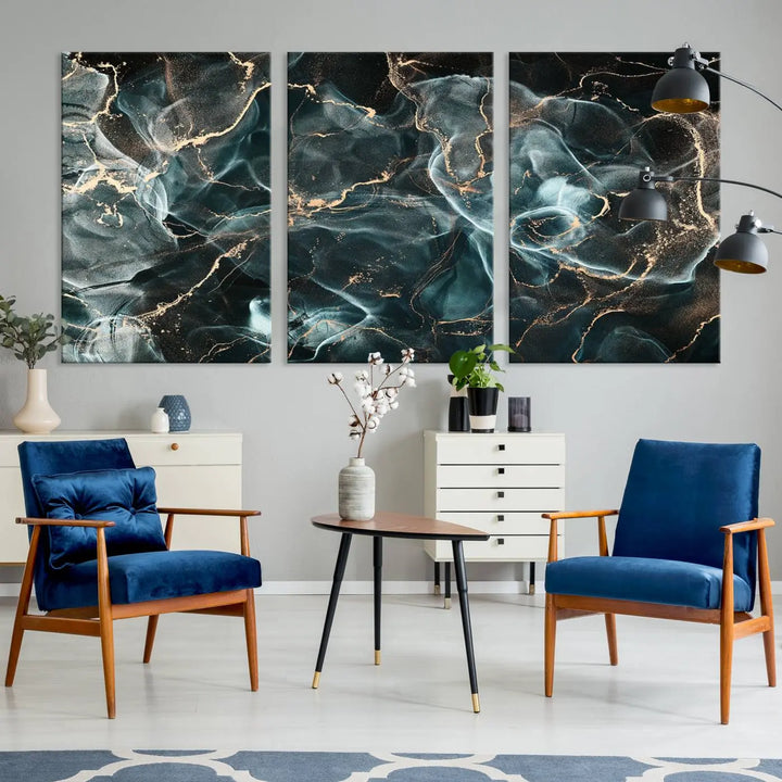 The Gray and Gold Marble Smoke Effect Wall Art Abstract Canvas graces the wall, offering a museum-quality piece with a UV-protective coating. This artwork is available with free shipping, ready to transform your space into an instant masterpiece.