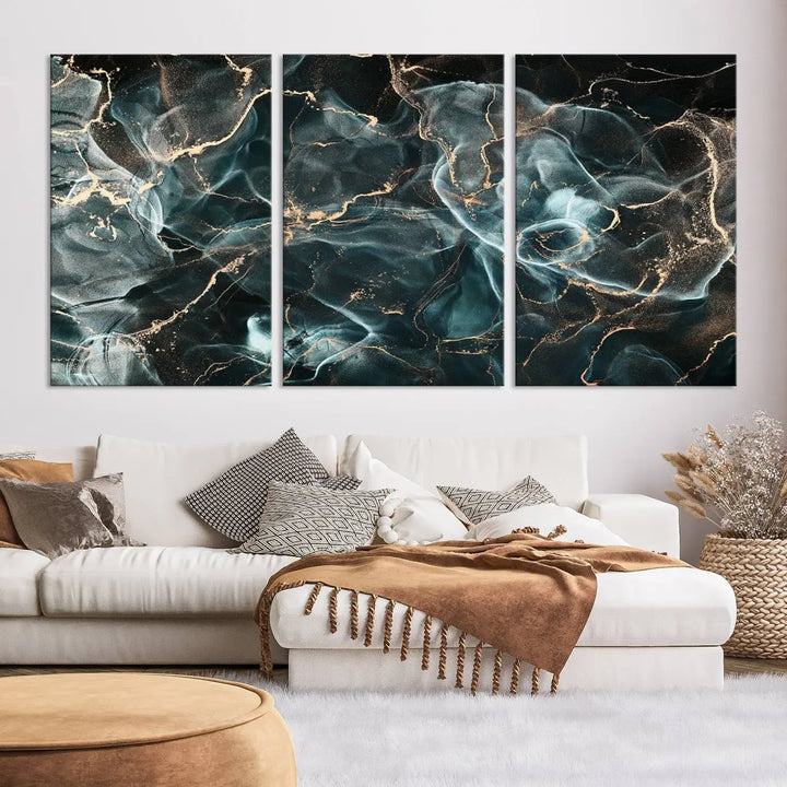 The Gray and Gold Marble Smoke Effect Wall Art Abstract Canvas graces the wall, offering a museum-quality piece with a UV-protective coating. This artwork is available with free shipping, ready to transform your space into an instant masterpiece.