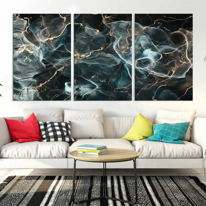 The Gray and Gold Marble Smoke Effect Wall Art Abstract Canvas graces the wall, offering a museum-quality piece with a UV-protective coating. This artwork is available with free shipping, ready to transform your space into an instant masterpiece.