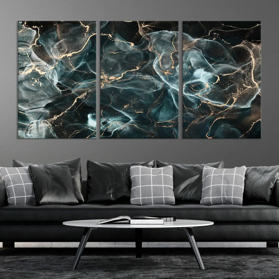 The Gray and Gold Marble Smoke Effect Wall Art Abstract Canvas graces the wall, offering a museum-quality piece with a UV-protective coating. This artwork is available with free shipping, ready to transform your space into an instant masterpiece.