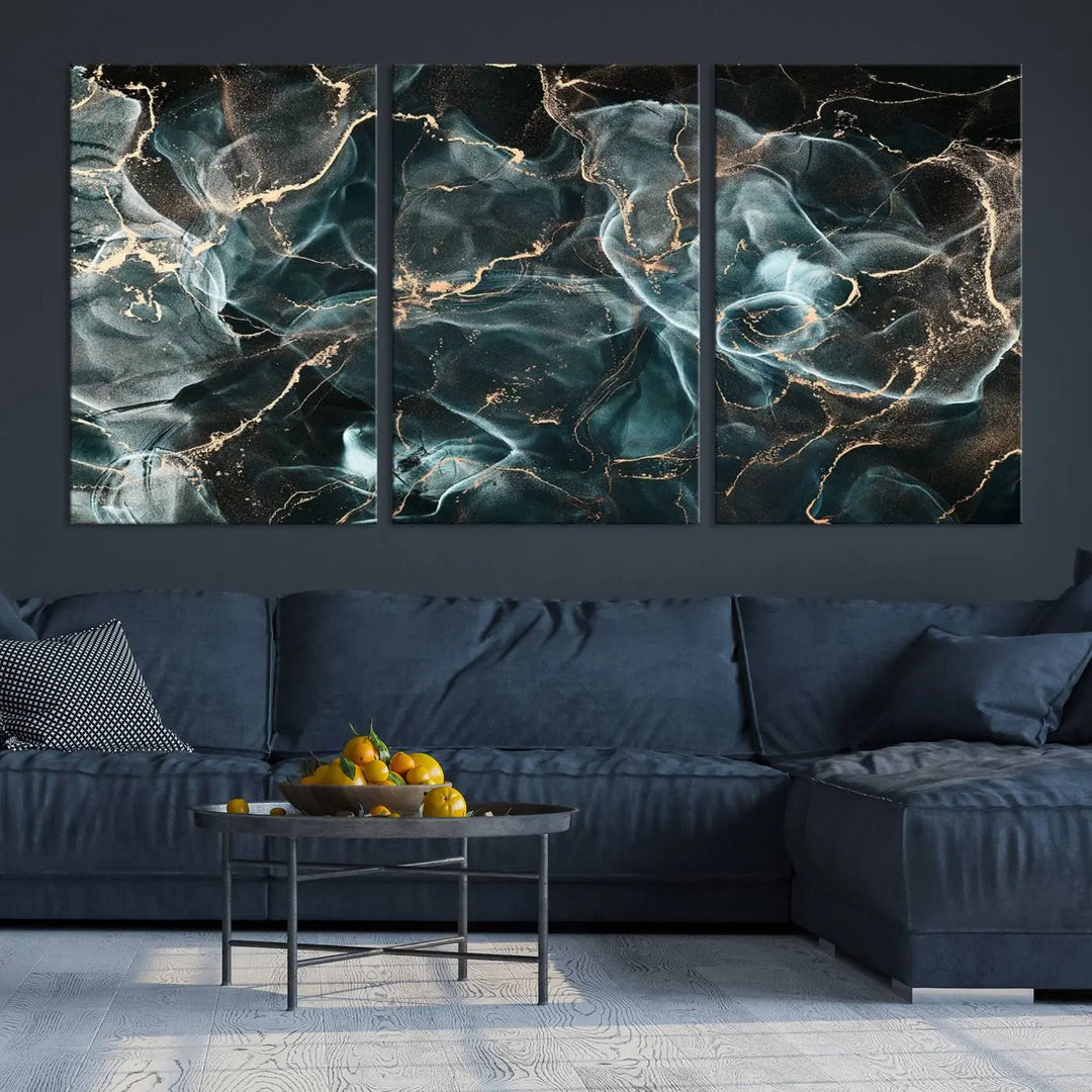 The Gray and Gold Marble Smoke Effect Wall Art Abstract Canvas graces the wall, offering a museum-quality piece with a UV-protective coating. This artwork is available with free shipping, ready to transform your space into an instant masterpiece.