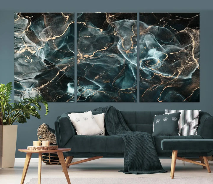 The Gray and Gold Marble Smoke Effect Wall Art Abstract Canvas graces the wall, offering a museum-quality piece with a UV-protective coating. This artwork is available with free shipping, ready to transform your space into an instant masterpiece.