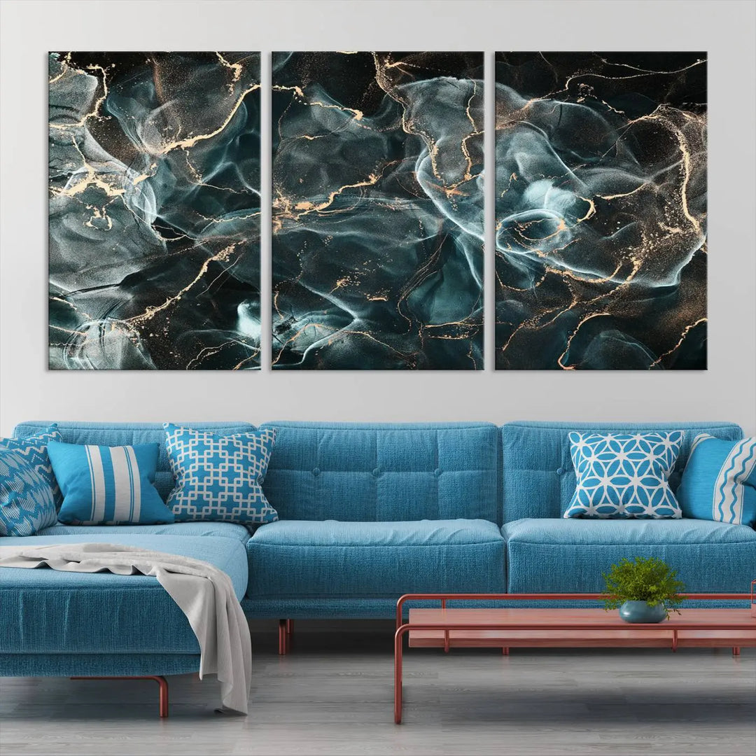 The Gray and Gold Marble Smoke Effect Wall Art Abstract Canvas graces the wall, offering a museum-quality piece with a UV-protective coating. This artwork is available with free shipping, ready to transform your space into an instant masterpiece.