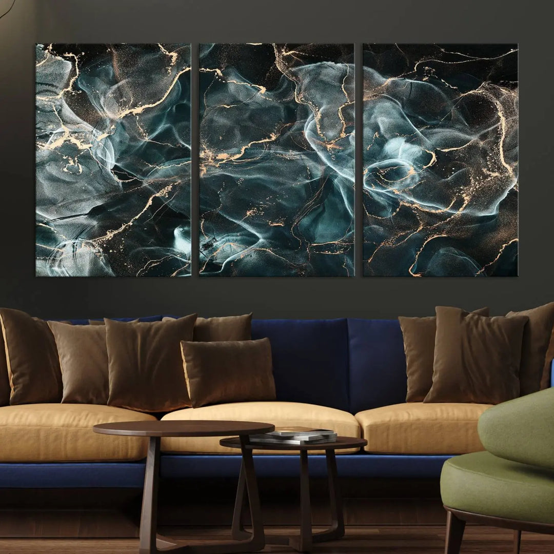 The Gray and Gold Marble Smoke Effect Wall Art Abstract Canvas graces the wall, offering a museum-quality piece with a UV-protective coating. This artwork is available with free shipping, ready to transform your space into an instant masterpiece.