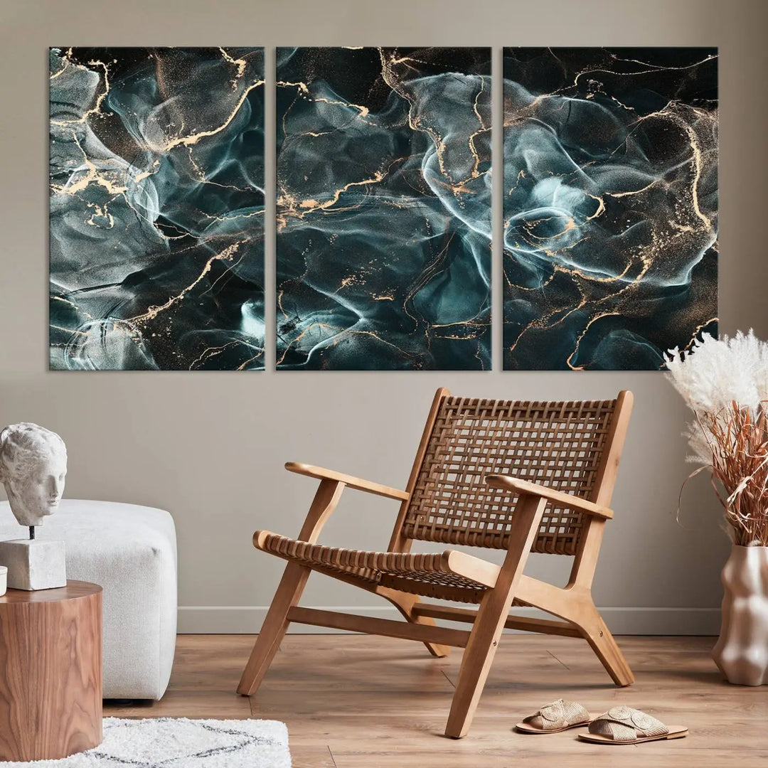 The Gray and Gold Marble Smoke Effect Wall Art Abstract Canvas graces the wall, offering a museum-quality piece with a UV-protective coating. This artwork is available with free shipping, ready to transform your space into an instant masterpiece.