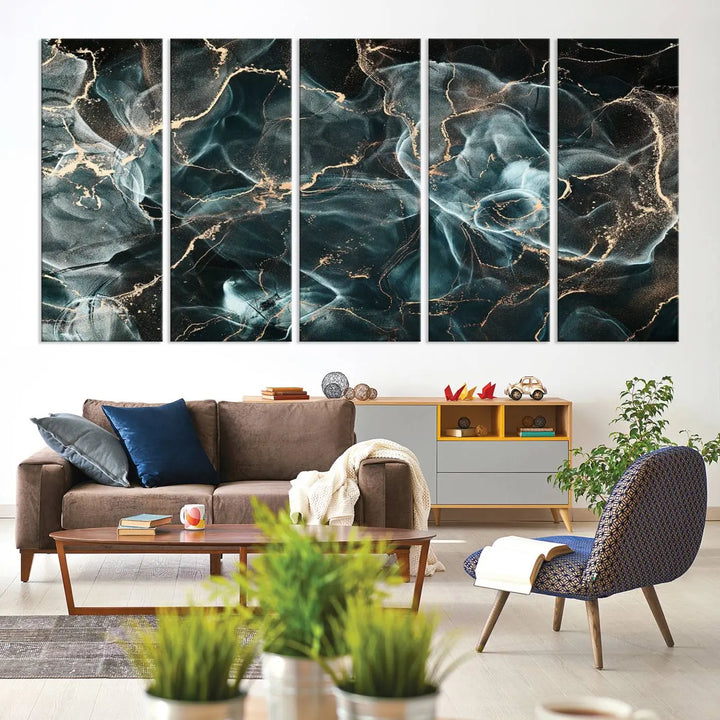 The Gray and Gold Marble Smoke Effect Wall Art Abstract Canvas graces the wall, offering a museum-quality piece with a UV-protective coating. This artwork is available with free shipping, ready to transform your space into an instant masterpiece.