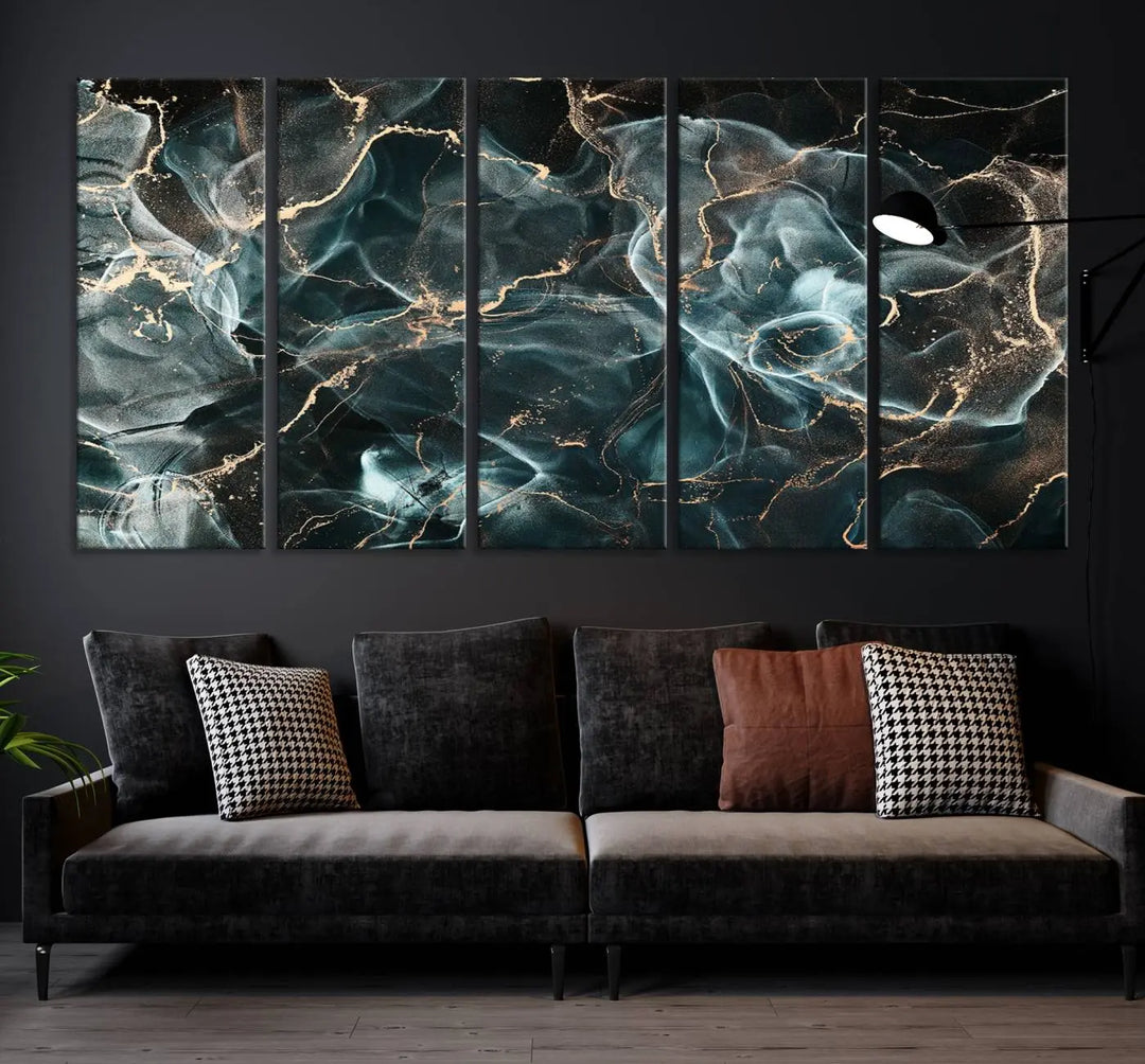 The Gray and Gold Marble Smoke Effect Wall Art Abstract Canvas graces the wall, offering a museum-quality piece with a UV-protective coating. This artwork is available with free shipping, ready to transform your space into an instant masterpiece.