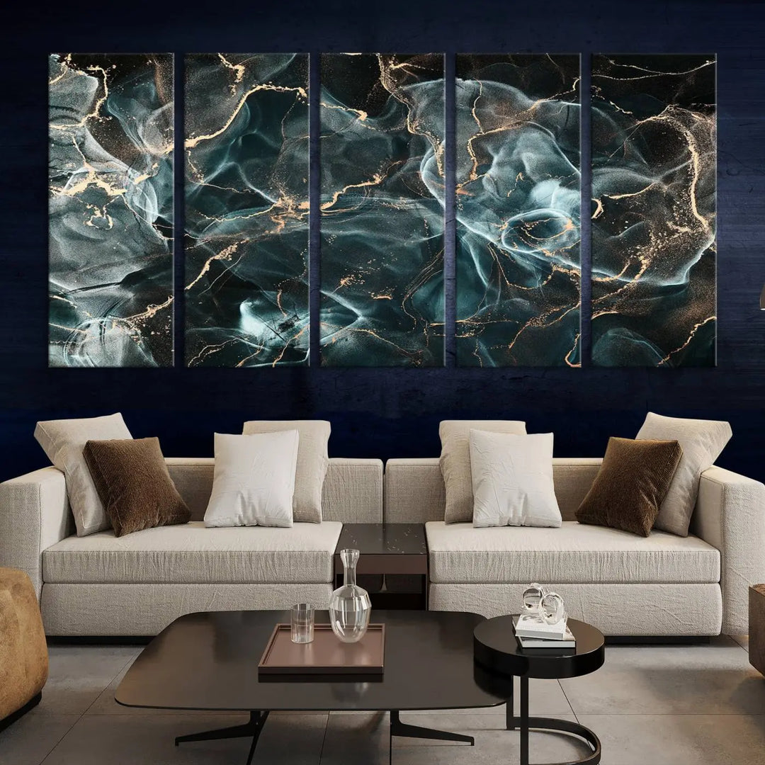 The Gray and Gold Marble Smoke Effect Wall Art Abstract Canvas graces the wall, offering a museum-quality piece with a UV-protective coating. This artwork is available with free shipping, ready to transform your space into an instant masterpiece.