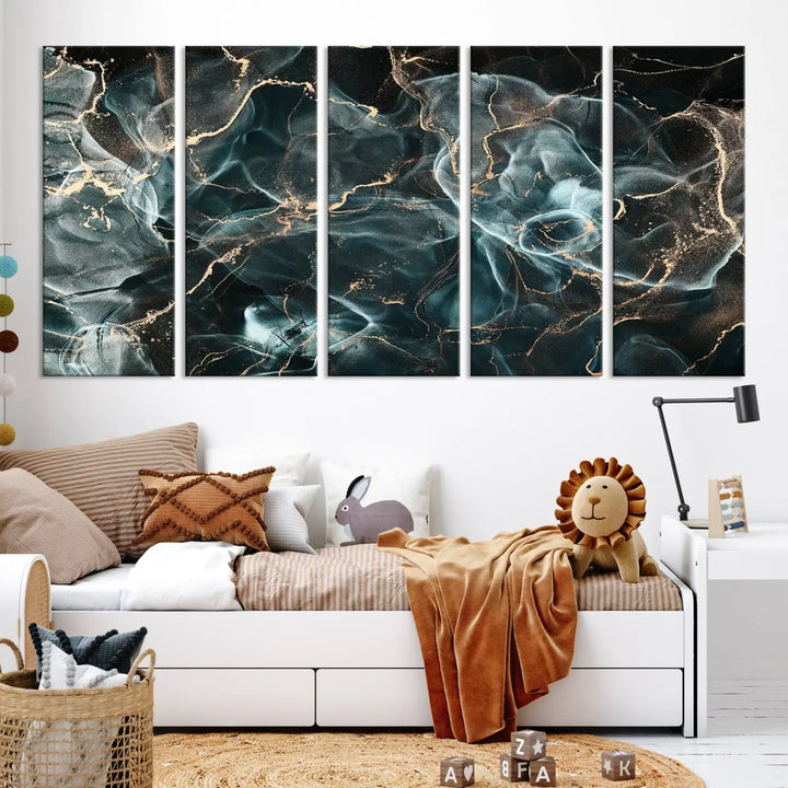 The Gray and Gold Marble Smoke Effect Wall Art Abstract Canvas graces the wall, offering a museum-quality piece with a UV-protective coating. This artwork is available with free shipping, ready to transform your space into an instant masterpiece.