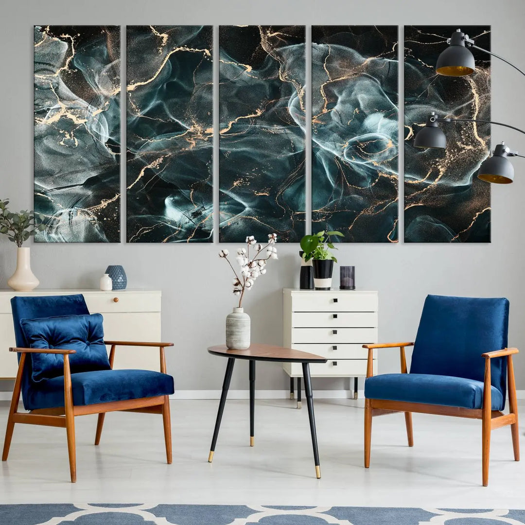 The Gray and Gold Marble Smoke Effect Wall Art Abstract Canvas graces the wall, offering a museum-quality piece with a UV-protective coating. This artwork is available with free shipping, ready to transform your space into an instant masterpiece.