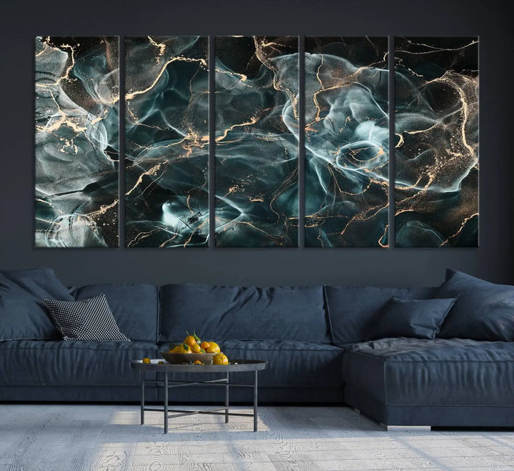 The Gray and Gold Marble Smoke Effect Wall Art Abstract Canvas graces the wall, offering a museum-quality piece with a UV-protective coating. This artwork is available with free shipping, ready to transform your space into an instant masterpiece.