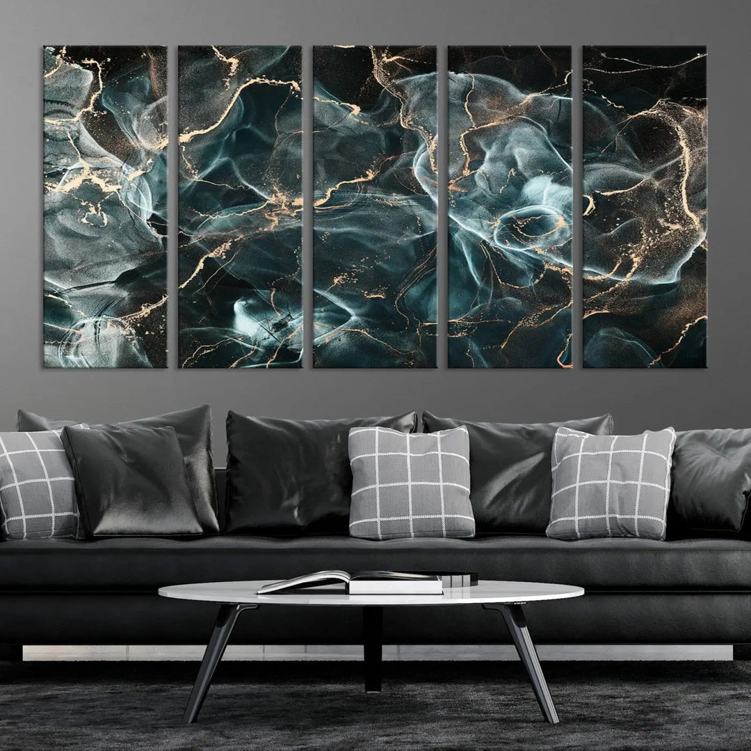 The Gray and Gold Marble Smoke Effect Wall Art Abstract Canvas graces the wall, offering a museum-quality piece with a UV-protective coating. This artwork is available with free shipping, ready to transform your space into an instant masterpiece.