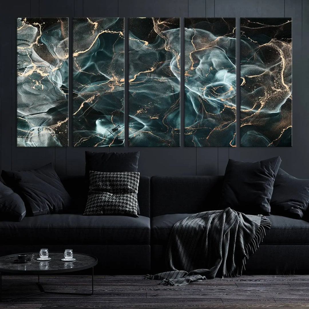 The Gray and Gold Marble Smoke Effect Wall Art Abstract Canvas graces the wall, offering a museum-quality piece with a UV-protective coating. This artwork is available with free shipping, ready to transform your space into an instant masterpiece.