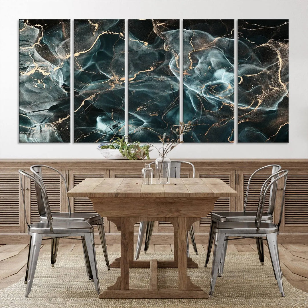 The Gray and Gold Marble Smoke Effect Wall Art Abstract Canvas graces the wall, offering a museum-quality piece with a UV-protective coating. This artwork is available with free shipping, ready to transform your space into an instant masterpiece.