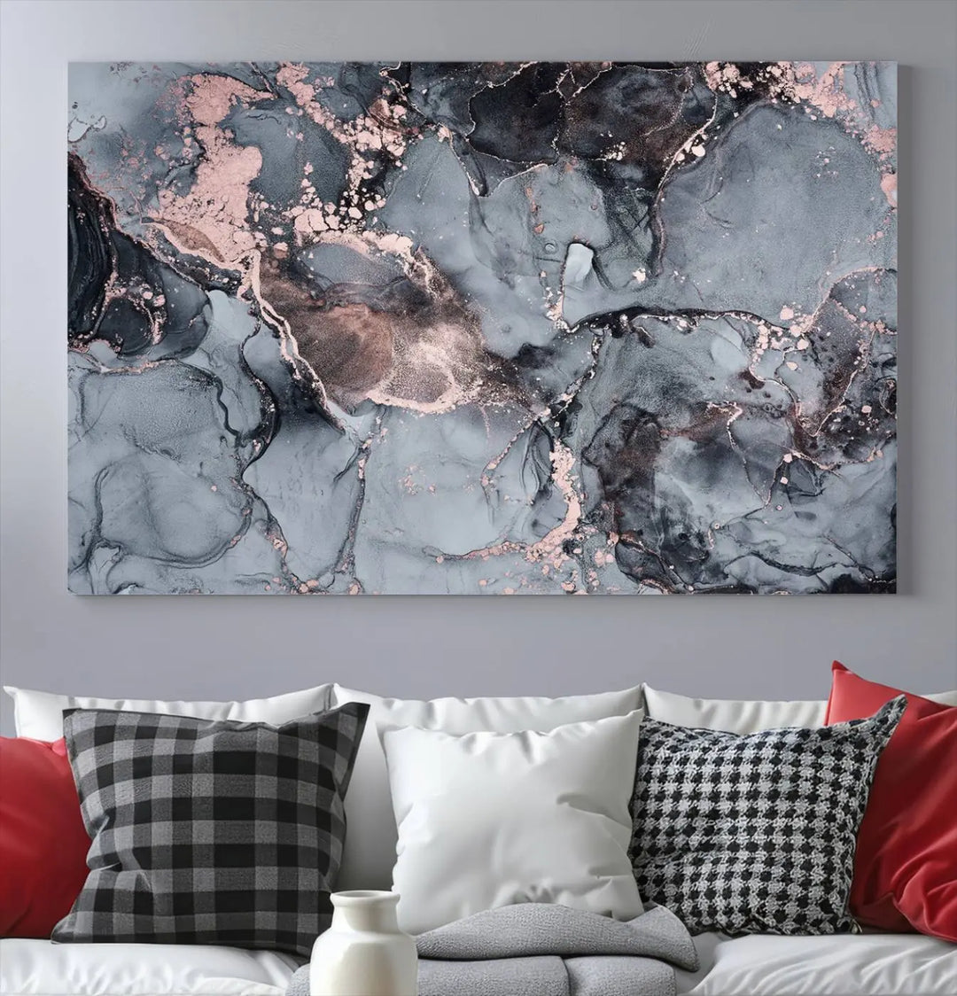 Gray and Rose Gold Marble Fluid Effect Abstract Canvas Wall Art Print crafted on museum-quality polycotton canvas with UV-protective coating, ready to hang.