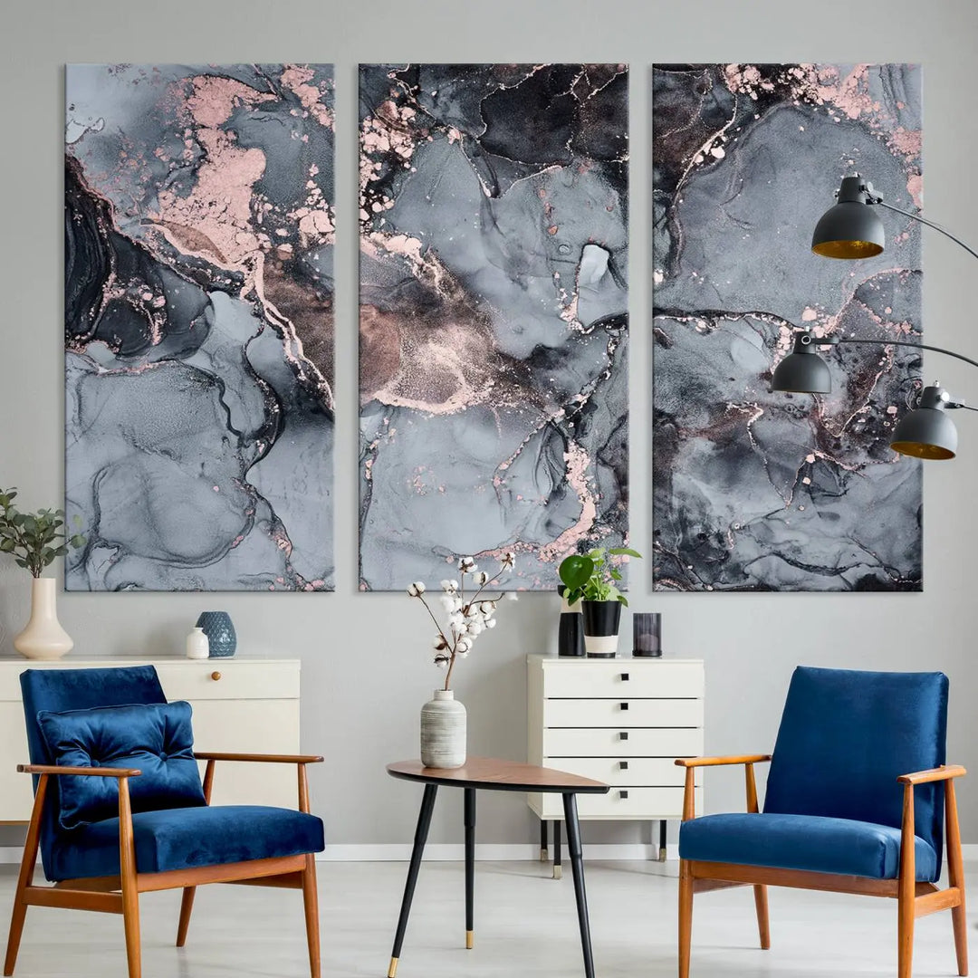 Gray and Rose Gold Marble Fluid Effect Abstract Canvas Wall Art Print crafted on museum-quality polycotton canvas with UV-protective coating, ready to hang.